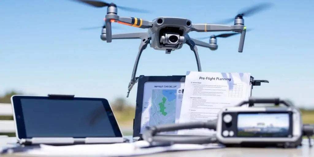 A drone from a Drone Photography Company hovers above a table with a tablet, controller, and printed pre-flight planning documents, including a checklist and map, all set up outdoors in daylight.