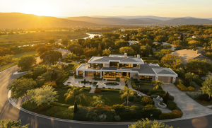 A modern luxury house with large windows and landscaped gardens sits on a curved street, surrounded by trees and greenery. Mastering aerial photography for real estate success beautifully showcases the hills and river illuminated by the setting sun in the background.