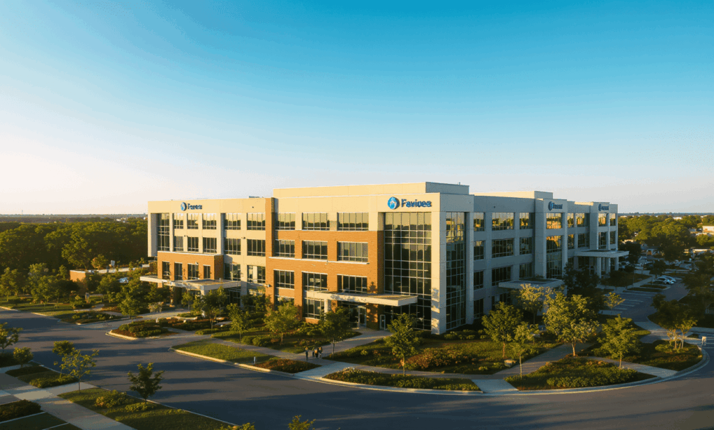 A modern, three-story office building with large windows and Faithoes and Vanna logos on the facade, surrounded by trees and landscaping. Discover more in our Drone Photography FAQs for Real Estate & Business. Empty parking lot under a clear blue sky.