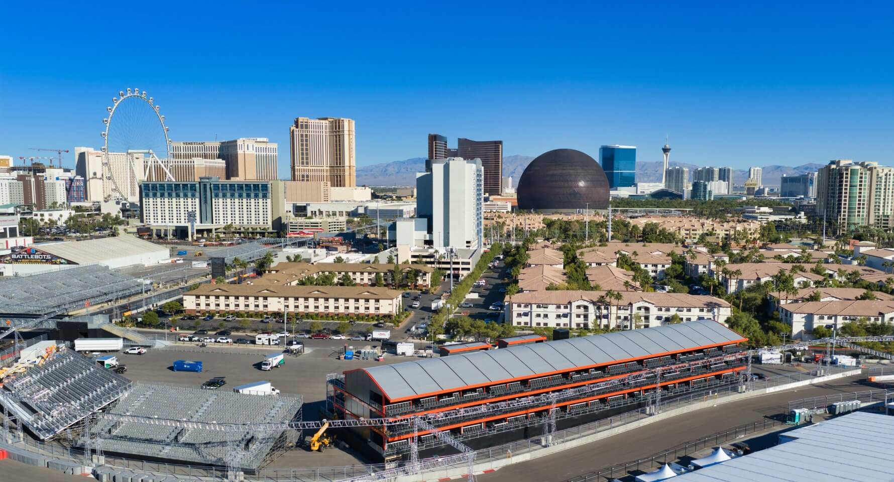 Aerial view of the Las Vegas Strip with hotels, casinos, the High Roller Ferris wheel, the black MSG Sphere, and more—showcasing the city’s energy through professional Commercial Real Estate Drone Photography Services Las Vegas.